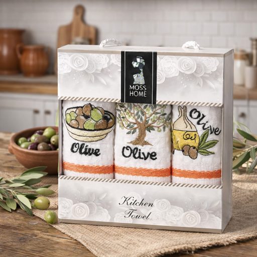 Olivás, csíkos konyharuha szett díszdobozban, 3 db-os