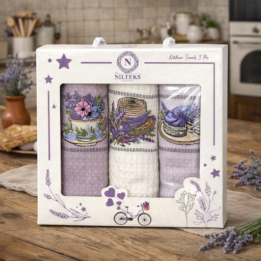 Levendula mix (csésze-kalap-torta) konyharuha szett díszdobozban, 3 db-os