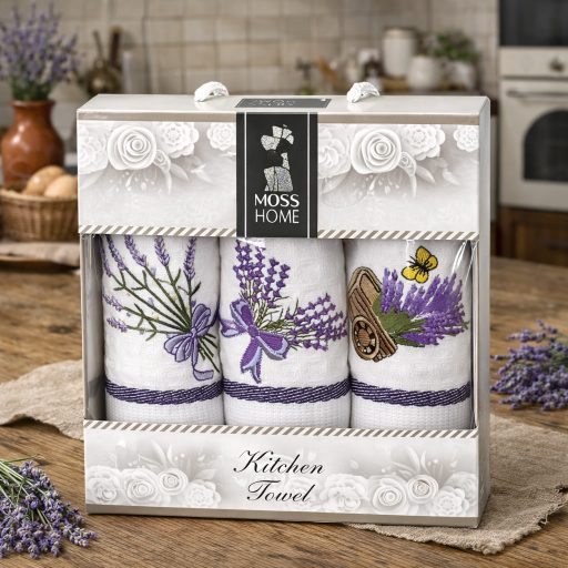 Levendulás, csíkos konyharuha szett díszdobozban, 3 db-os
