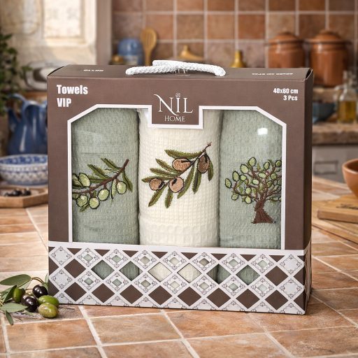 Olivás (faágas) konyharuha szett díszdobozban, 3 db-os