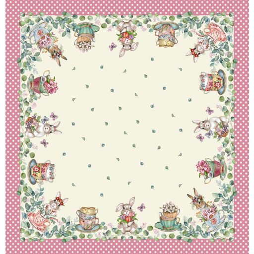 Húsvéti nyuszis, rózsaszín pöttyös szélű asztalterítő, 96x100 cm