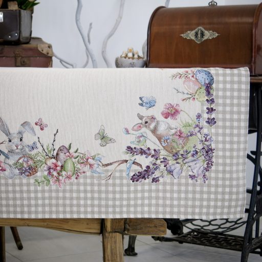 Húsvéti nyuszis, barna kockás szélű asztalterítő, 96x100 cm