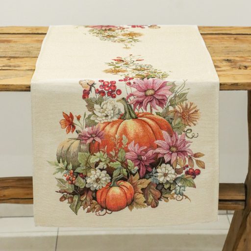 Őszi tökös, virágos asztali futó, 44x140 cm