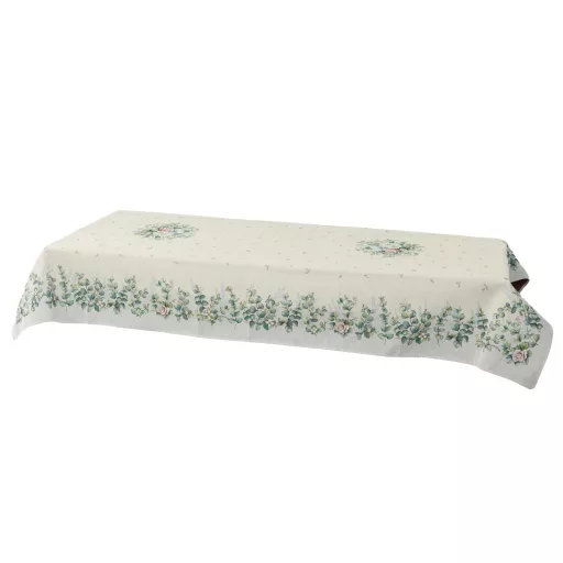 Fehér bazsarózsás, leveles asztalterítő, 137x180 cm