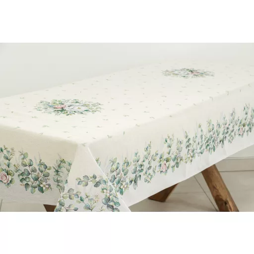 Fehér bazsarózsás, leveles asztalterítő, 137x180 cm