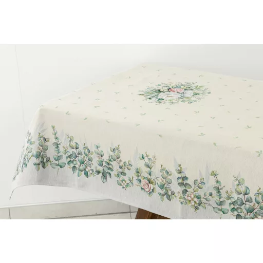 Fehér bazsarózsás, leveles asztalterítő, 137x180 cm