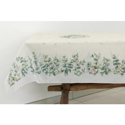 Fehér bazsarózsás, leveles asztalterítő, 137x180 cm