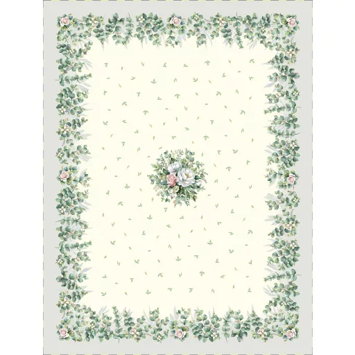 Fehér bazsarózsás, leveles asztalterítő, 137x180 cm