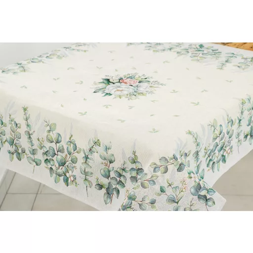 Fehér bazsarózsás, leveles asztalterítő, 96x100 cm