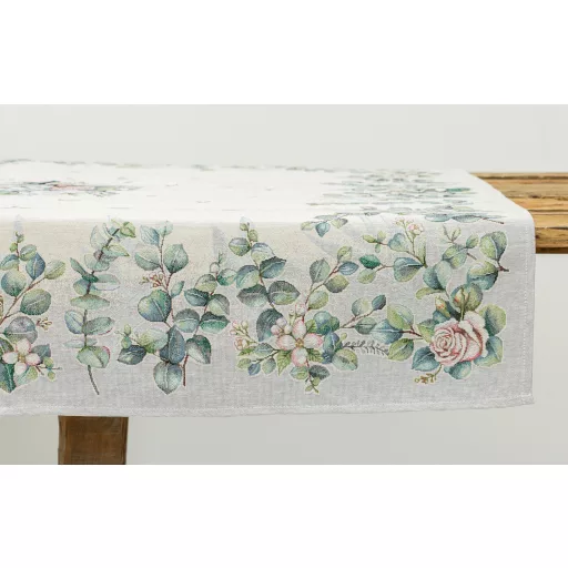 Fehér bazsarózsás, leveles asztalterítő, 96x100 cm