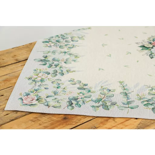 Fehér bazsarózsás, leveles asztalterítő, 96x100 cm