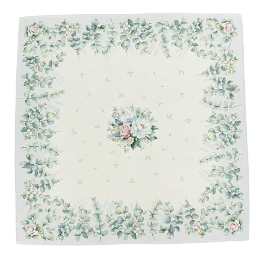 Fehér bazsarózsás, leveles asztalterítő, 96x100 cm