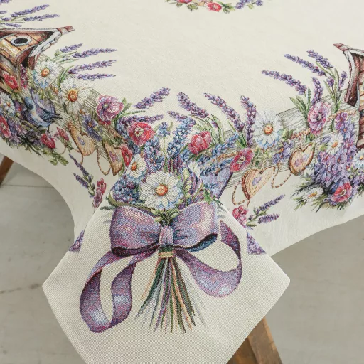 Levendulás, madárházas asztalterítő, 137x180 cm