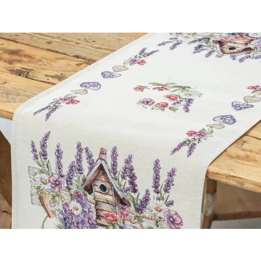 Levendulás, madárházas asztali futó 37x100 cm