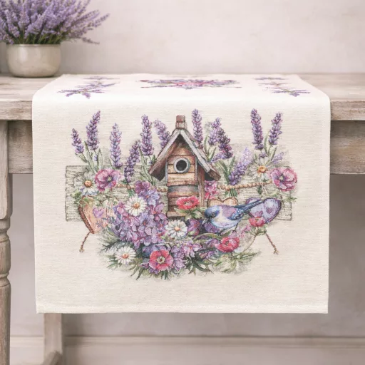 Levendulás, madárházas asztali futó 37x100 cm