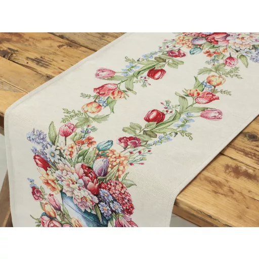 Tulipános, kék vödrös asztali futó, 44x140 cm