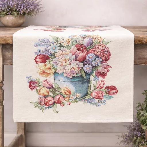 Tulipános, kék vödrös asztali futó, 44x140 cm