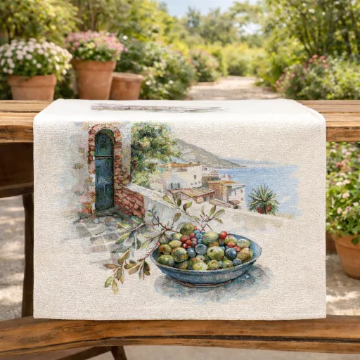 Mykonos mediterrán olivás asztali futó, 44x140 cm
